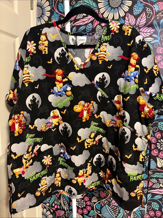 Disney Tops - Disney Black Winnie the Pooh Halloween Scrub Top with Yellow & Orange Accents